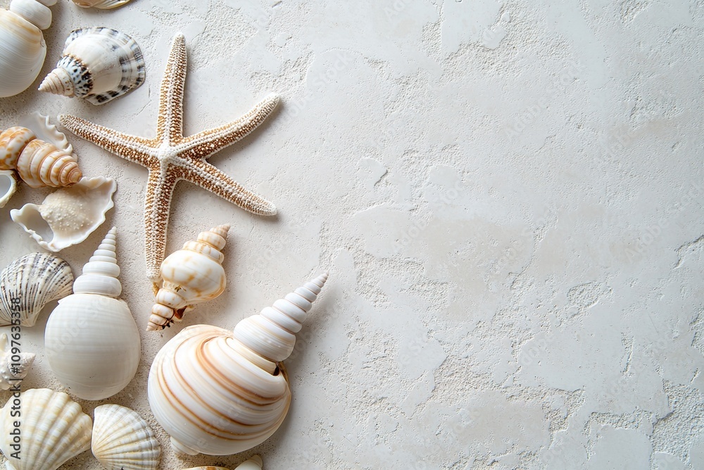 Assorted seashells on textured white surface, marine theme Assorted seashells on textured white surface, marine theme