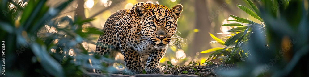 A stealthy leopard creeping through the underbrush, its spotted coat blending seamlessly with the dappled light of the jungle, creating a sense of mystery. A stealthy leopard creeping through the underbrush, its spotted coat blending seamlessly with the dappled light of the jungle, creating a sense of mystery.