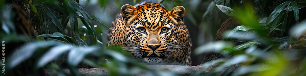 Obraz premium A stealthy leopard creeping through the underbrush, its spotted coat blending seamlessly with the dappled light of the jungle, creating a sense of mystery.