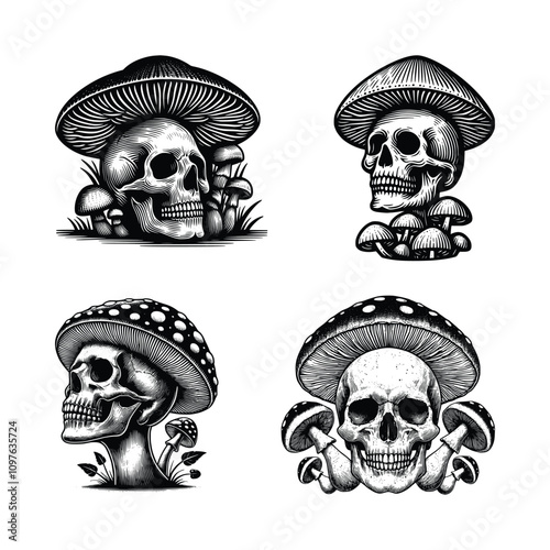 set of Human skull with mushroom vector engraving illustration. black and white hand drawn image