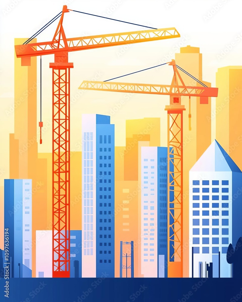 Fototapeta premium Colorful city skyline with construction cranes and modern buildings.
