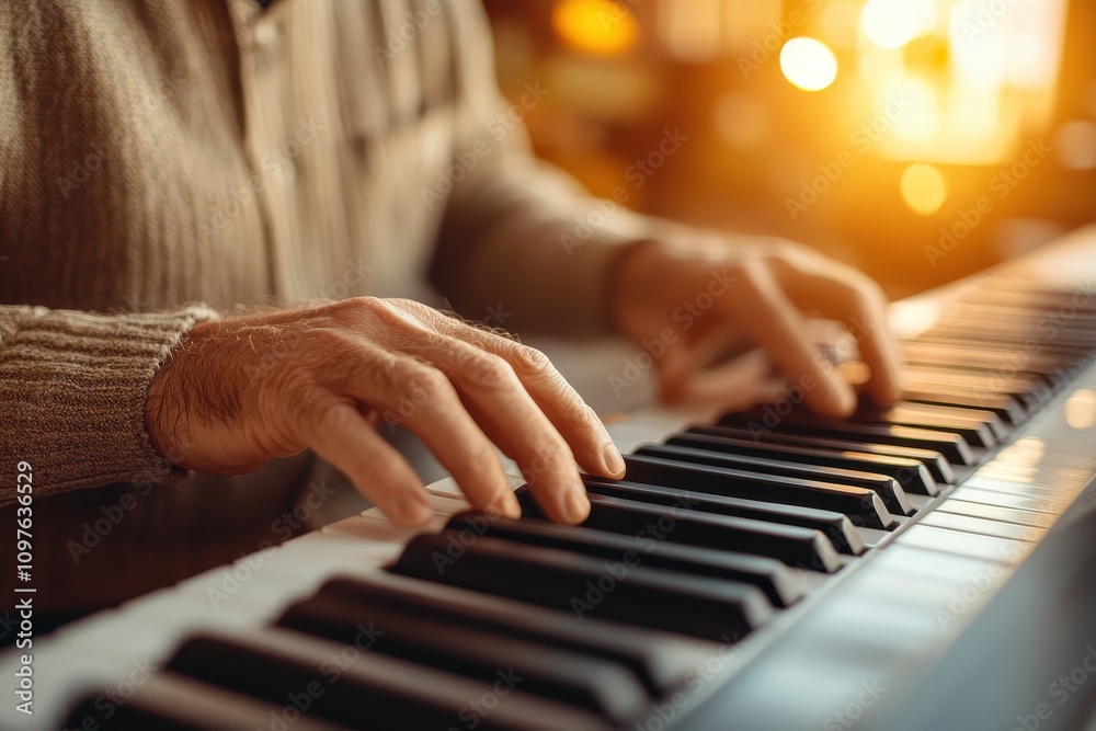 Fototapeta premium Focused Pianist in Warm Ambient Living Room Setting