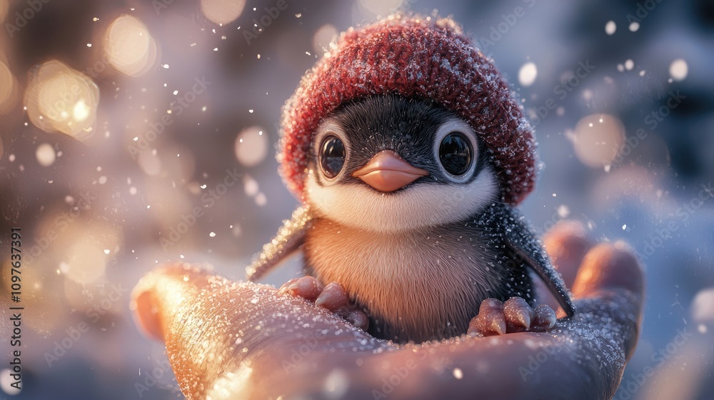 Obraz premium A highly detailed, ultra-realistic image of a tiny baby penguin with big glossy eyes and a soft pink nose. The penguin is wearing a small red woolen 