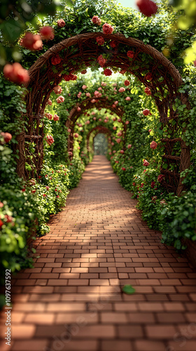 Brick path under rose archway, garden.