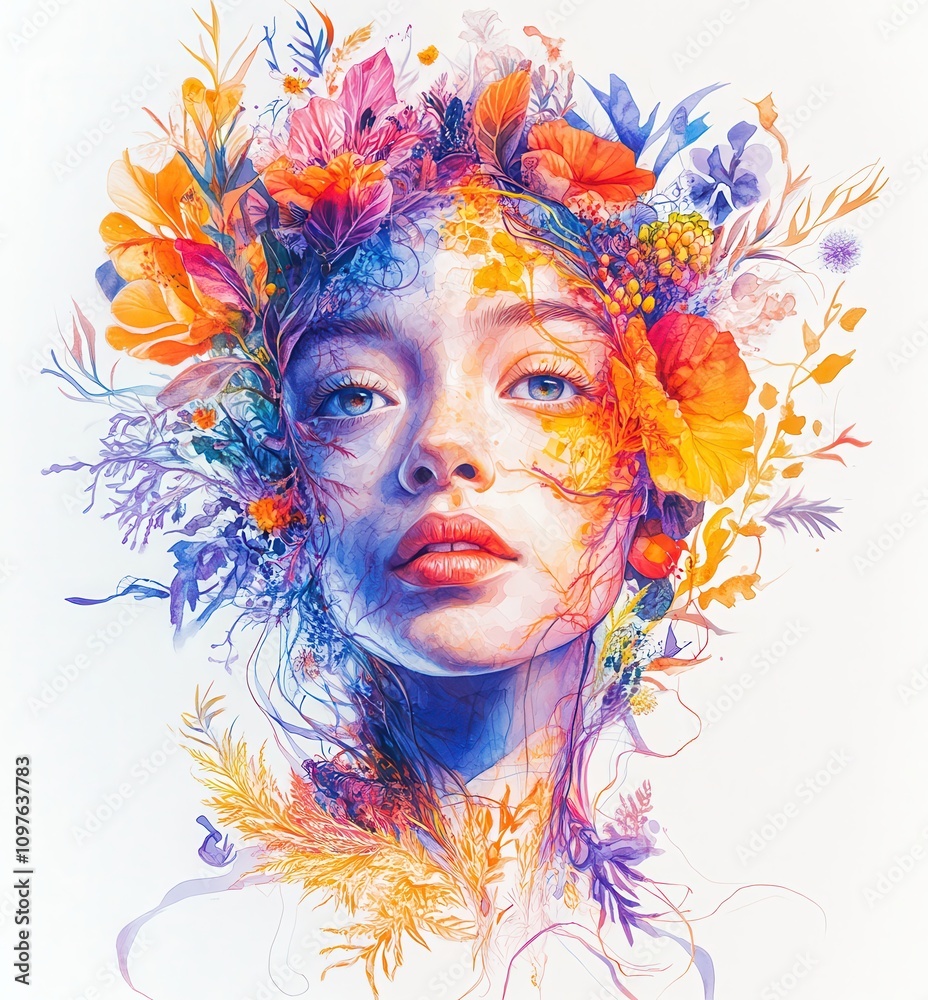 A Captivating Portrait of a Young Woman Surrounded by Vibrant Floral Elements and Intricate Nature Accents in a Dreamlike Artistic Style A Captivating Portrait of a Young Woman Surrounded by Vibrant Floral Elements and Intricate Nature Accents in a Dreamlike Artistic Style