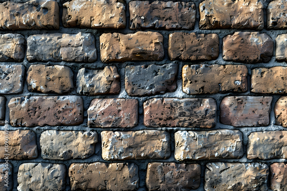 Close-up of a textured brick wall with varying shades of brown, gray, and beige bricks.