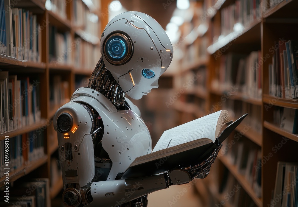 A humanoid robot engrossed in reading a book in a library filled with bookshelves, symbolizing the fusion of technology and knowledge in modern society. A humanoid robot engrossed in reading a book in a library filled with bookshelves, symbolizing the fusion of technology and knowledge in modern society.