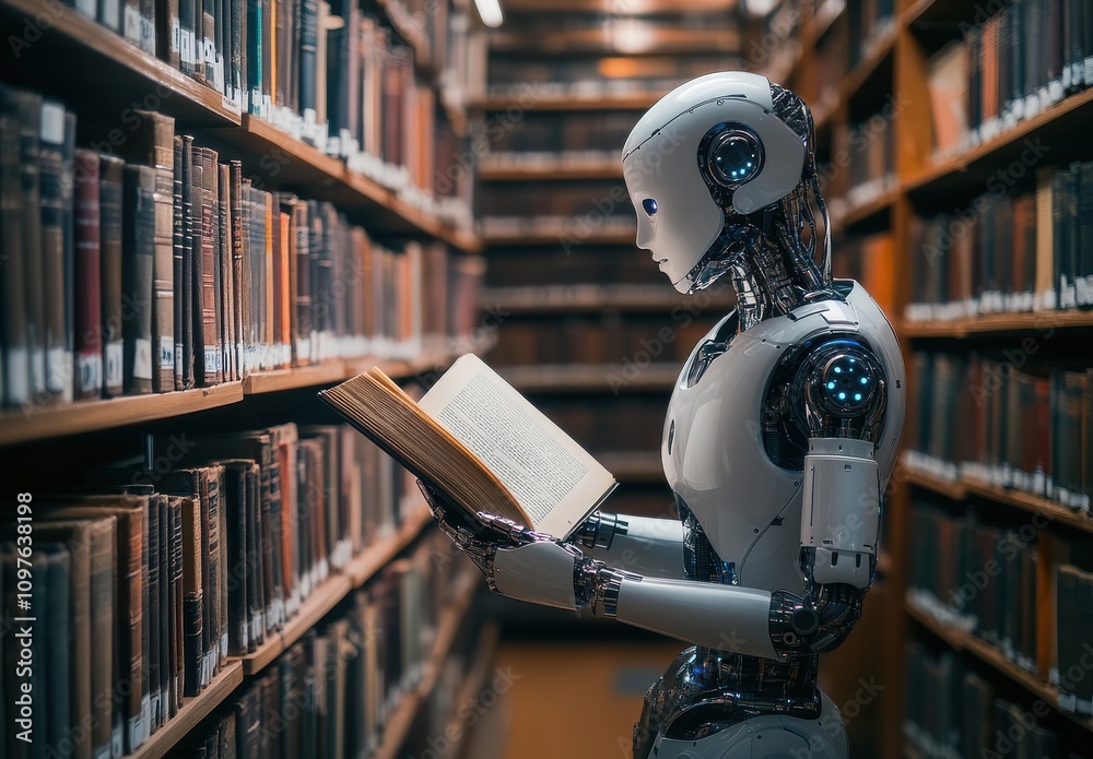 A humanoid robot reading a book in a library filled with shelves of books, highlighting the intersection of technology and knowledge in a serene environment A humanoid robot reading a book in a library filled with shelves of books, highlighting the intersection of technology and knowledge in a serene environment