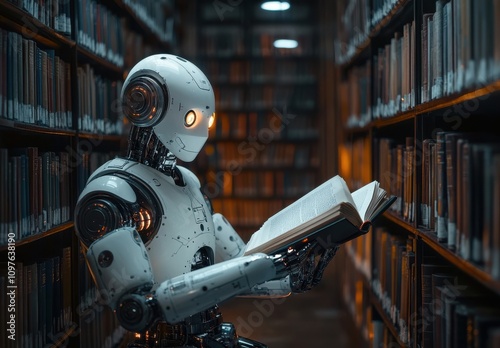 A humanoid robot in a library absorbed in reading a book, surrounded by tall shelves filled with books, showcasing the intersection of technology and knowledge in a modern setting.