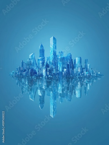 Abstract polygonal city with reflections on blue background. Technology and social innovation concept