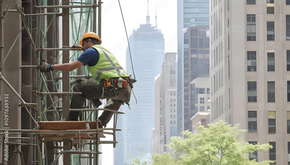 Construction Worker on Scaffolding in Urban Cityscape, Wearing Safety Gear and Hard Hat
Construction Worker on Scaffolding in Urban Cityscape, Wearing Safety Gear and Hard Hat