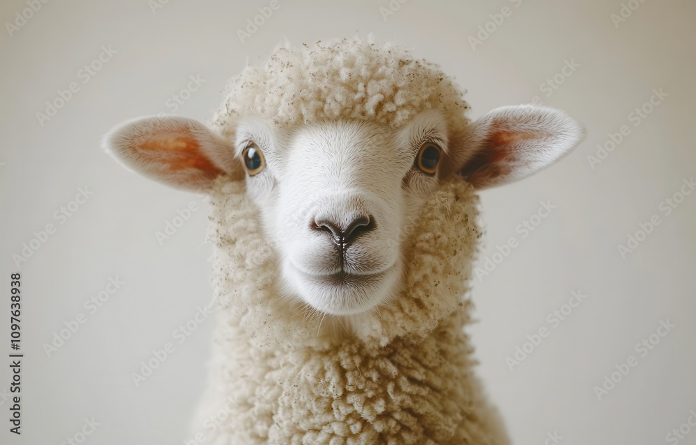 Obraz premium Adorable Close-Up of a Soft and Fluffy Lamb with Big Bright Eyes Against a Neutral Background, Perfect for Animal-Themed Projects and Nature Photography