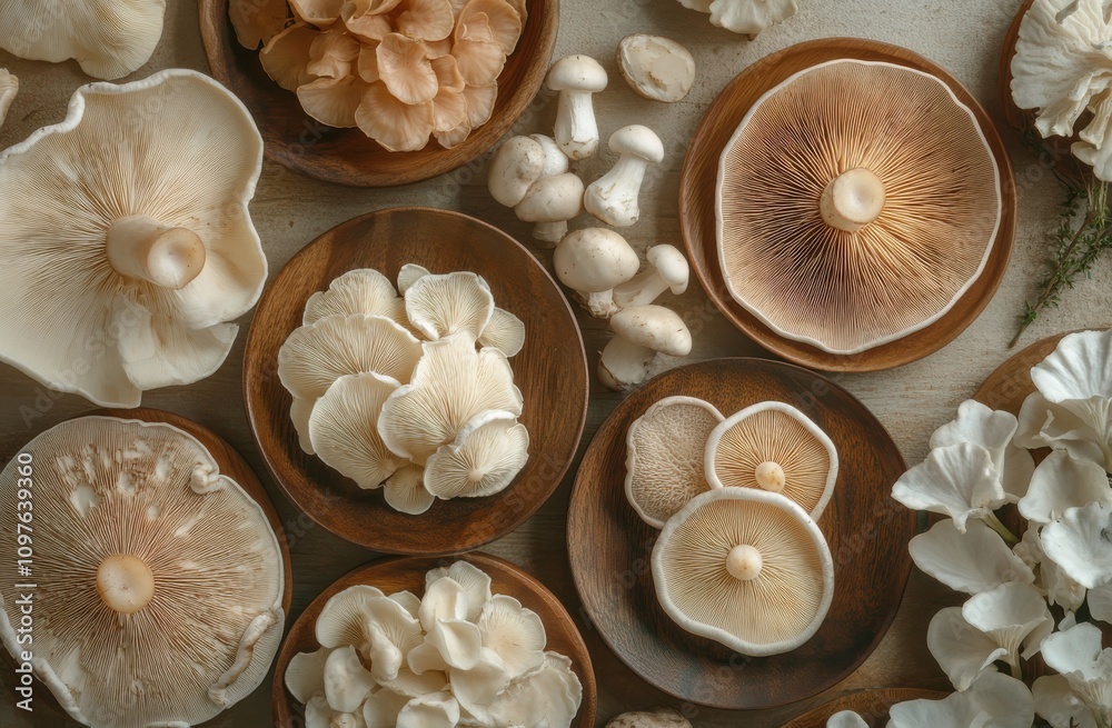 Aesthetic Arrangement of Fresh Edible Mushrooms Displayed on Wooden Plates Featuring Diverse Varieties and Colors for Culinary Inspiration and Natural Decor Aesthetic Arrangement of Fresh Edible Mushrooms Displayed on Wooden Plates Featuring Diverse Varieties and Colors for Culinary Inspiration and Natural Decor