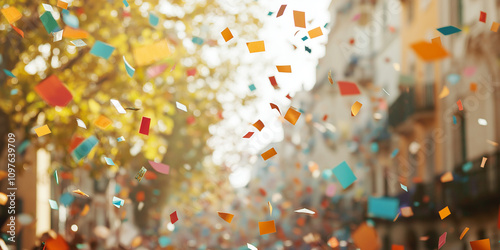 A cascade of colorful confetti falling in a sunlit scene captures the vibrant joy and excitement associated with celebrations and happy gatherings. photo