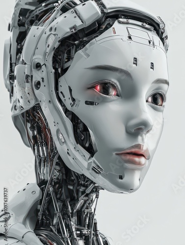 Artificial intelligence concept. Robot face, digital ai science machine background. Technology futuristic wireframe recent banner