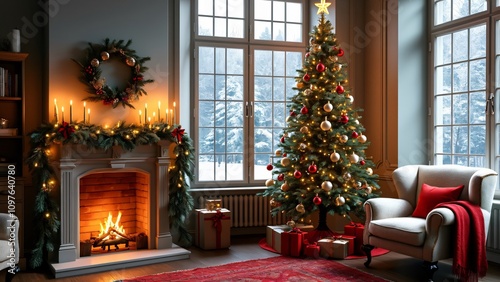 Cozy Christmas Living Room, Fireplace, Tree & Gifts