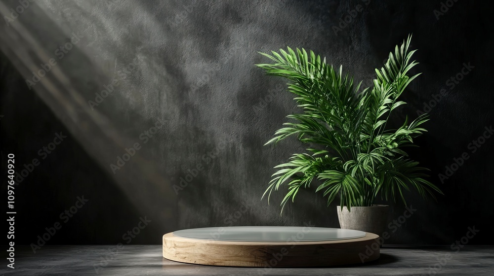 Wood Base Product Podium with Frosted Glass and indoor plant in back with Black Textured Studio Background for product presentation branding and packaging presentation. Wood Base Product Podium with Frosted Glass and indoor plant in back with Black Textured Studio Background for product presentation branding and packaging presentation.