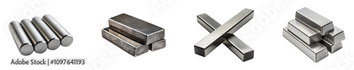 Collection, Set of Stainless Steel Billets isolated on transparent background.