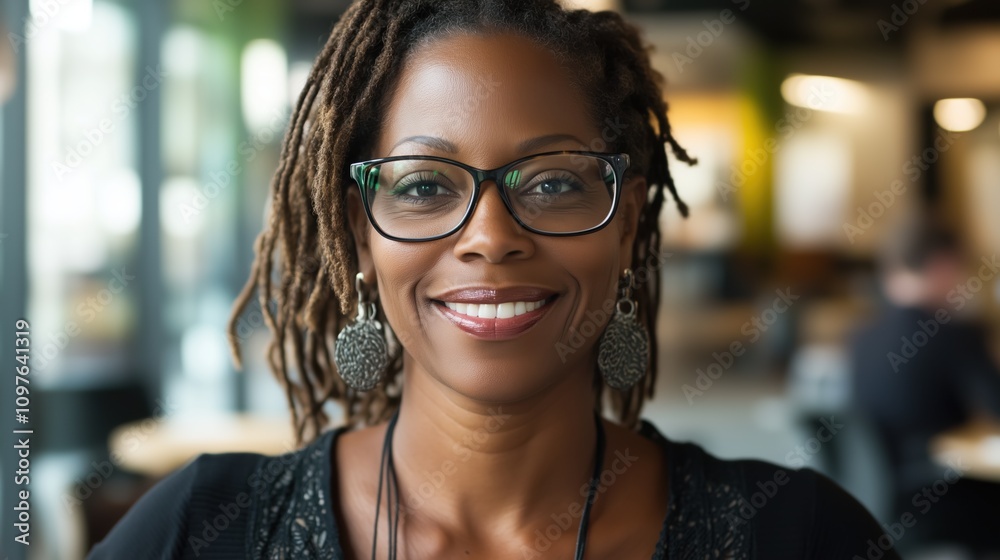Portrait of a Smiling Woman with Glasses in a Stylish Interior Portrait of a Smiling Woman with Glasses in a Stylish Interior