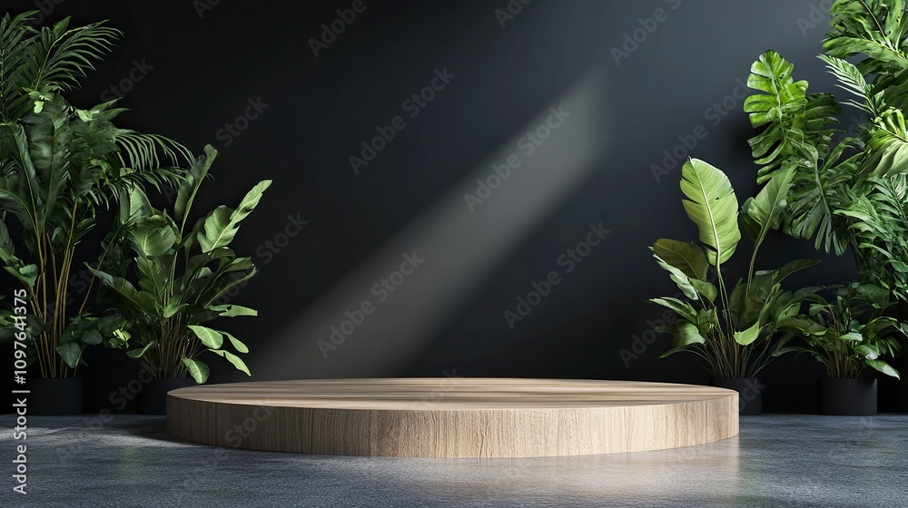 Wood Base Product Podium with Frosted Glass and indoor plant in back with Black Textured Studio Background for product presentation branding and packaging presentation. Wood Base Product Podium with Frosted Glass and indoor plant in back with Black Textured Studio Background for product presentation branding and packaging presentation.