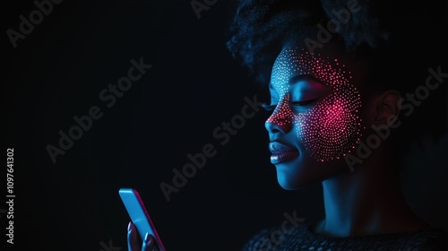 Woman With Afro Hairstyle Using Smartphone Illuminated by Artistic Dots in the Dark