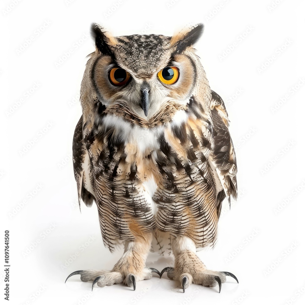 Obraz premium Great horned owl standing on white background