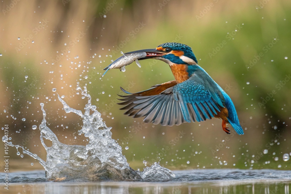 Fototapeta premium Common European Kingfisher Flying with fish catch