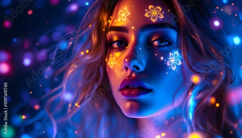 A hyper-realistic portrait of a woman with glowing floral tattoos across her face