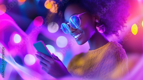 Chic African American Woman in Vibrant Neon Lighting Using Smartphone