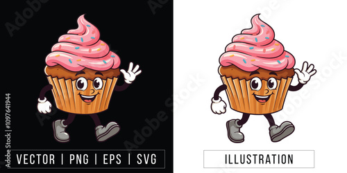 Waving Cupcake Cartoon Mascot - Vector, PNG, EPS, SVG

