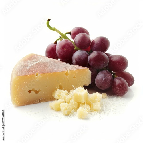 Piece of aged cheese with grated cheese and red grapes on white background photo