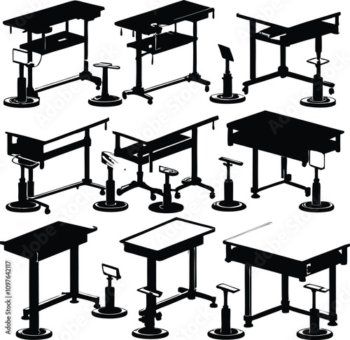 Silhouette Vector Art: Drafting Tables & Stools Set - Architectural, Engineering, Design, Workspace Furniture Elements