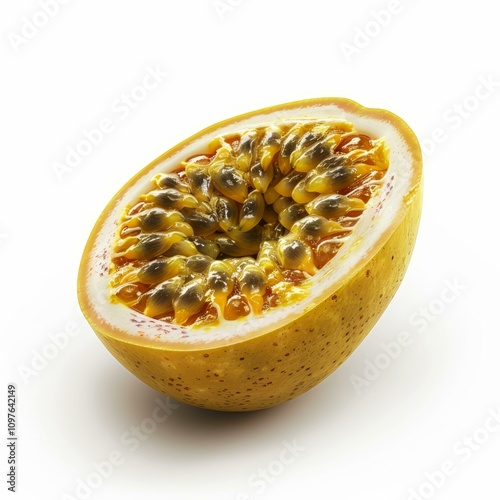 Half of ripe passion fruit showing seeds and juice on white background