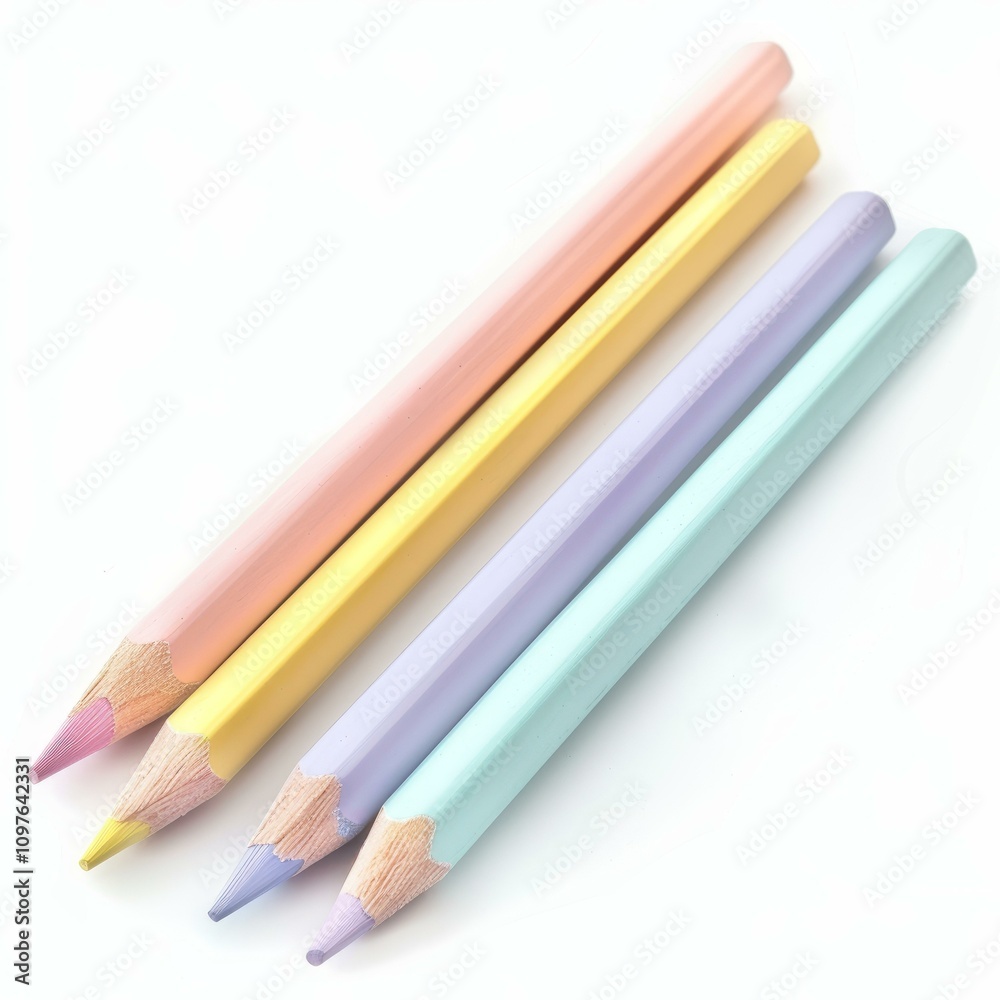 Fototapeta premium Pastel colored pencils forming a diagonal line on white background