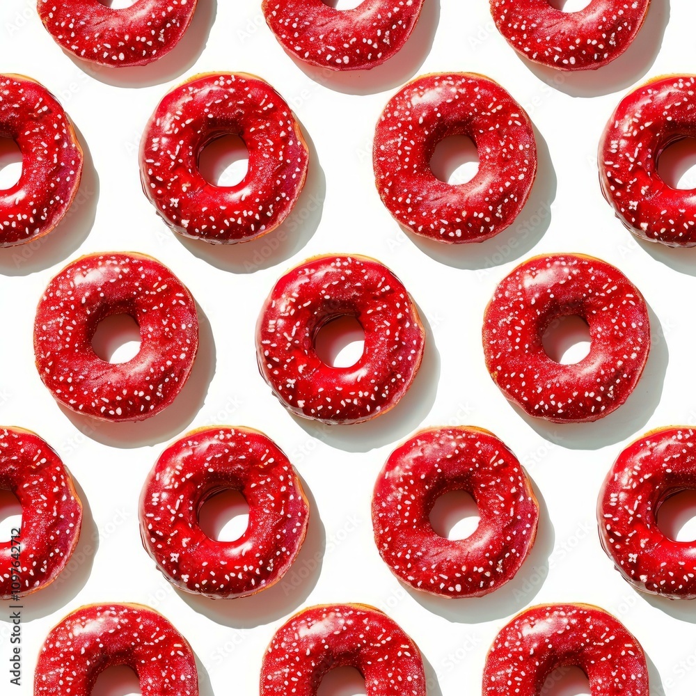 Pattern of delicious red frosted doughnuts with sprinkles on white background Pattern of delicious red frosted doughnuts with sprinkles on white background