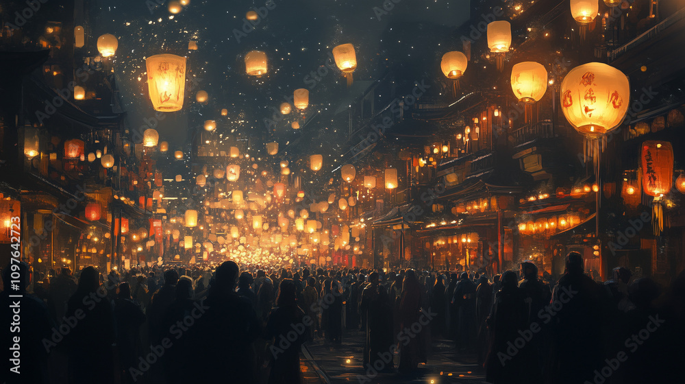 Fototapeta premium people enjoying New Year's Eve, light colorful lanterns that light up the night and symbolize hope and joy