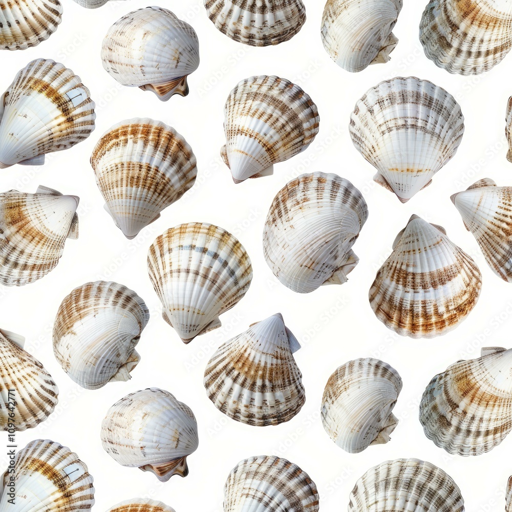 Common cockle shells forming seamless pattern on white background Common cockle shells forming seamless pattern on white background