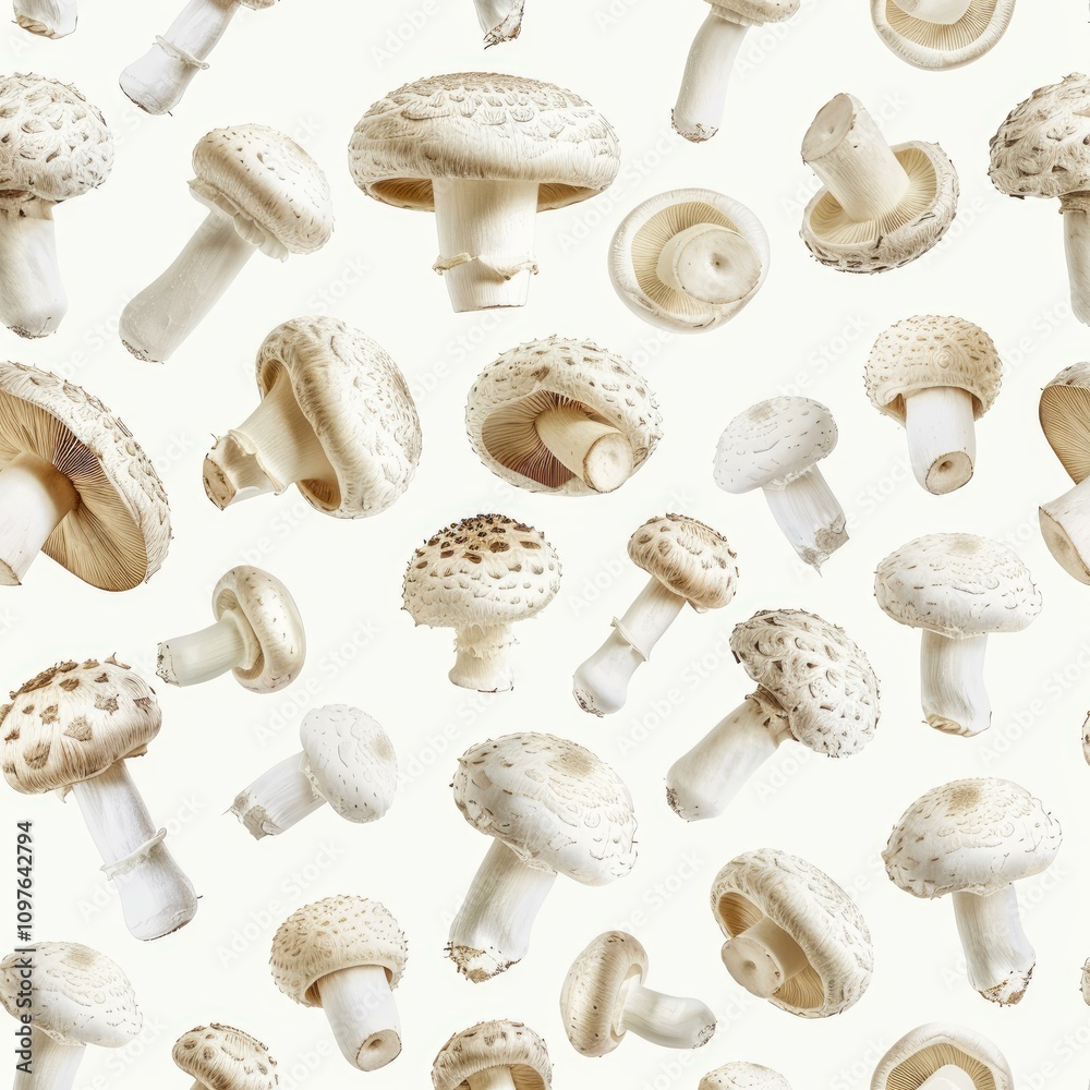 Fresh mushrooms falling on white background, seamless pattern Fresh mushrooms falling on white background, seamless pattern