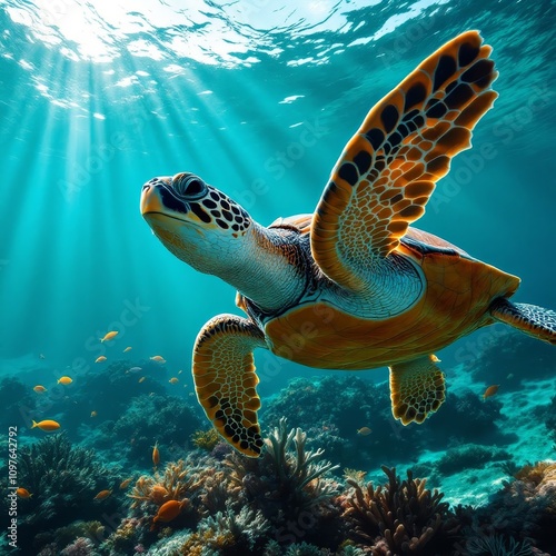 Close-up hawksbill sea turtle underwater by colorful coral photo