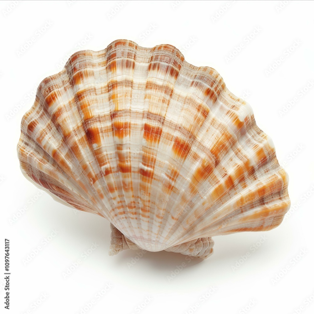 Obraz premium Seashell with orange stripes resting on white background
