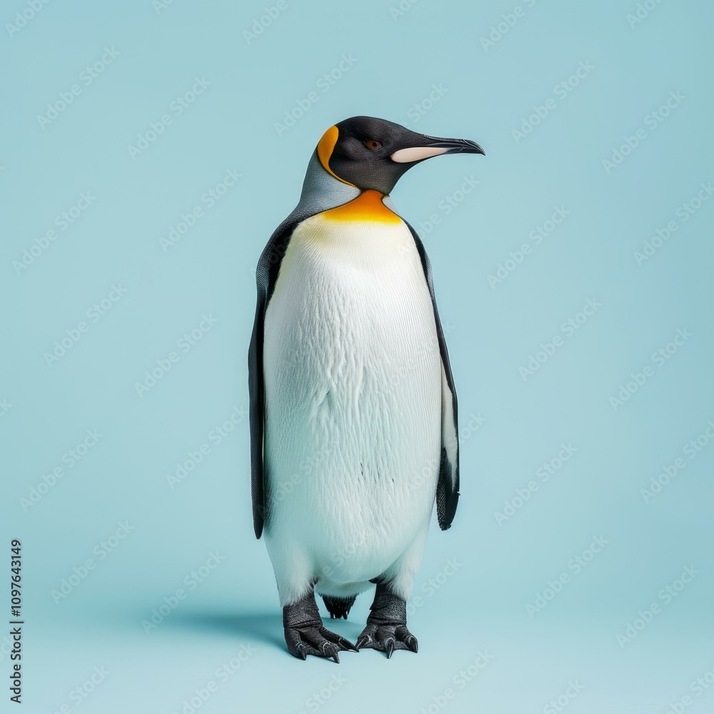 Fototapeta premium King penguin standing on light blue background