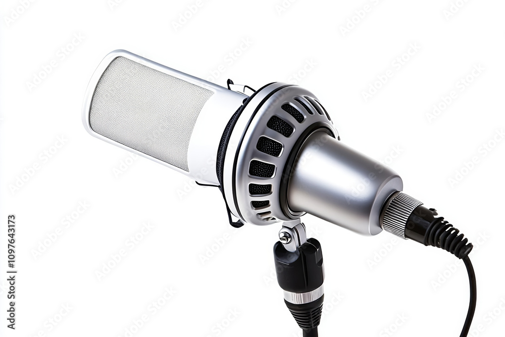 Workplace digital skills. professional microphone designed for noise cancellation, featuring sleek silver body and sturdy stand. Ideal for recording and broadcasting