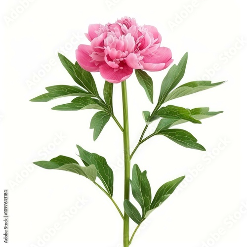 Pink peony blooming showing green leaves and stem