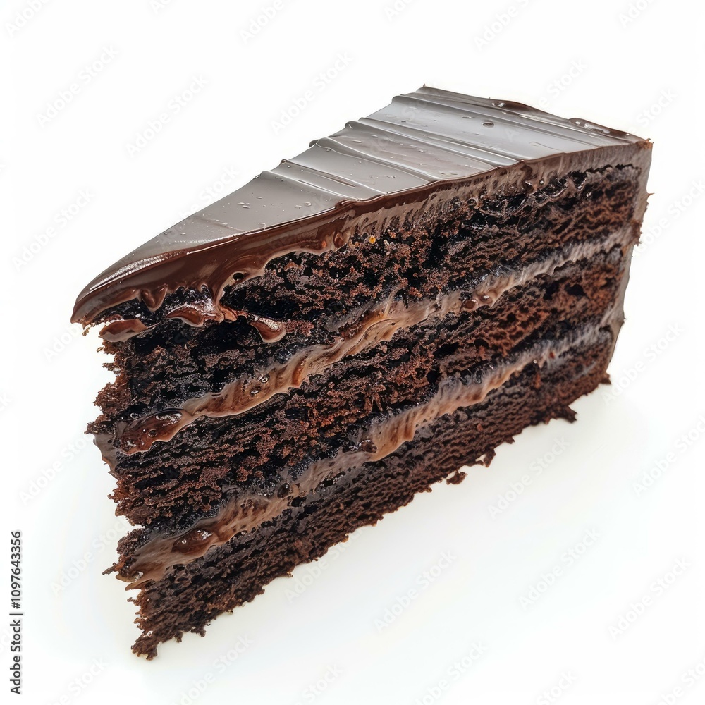 Fototapeta premium Delicious chocolate cake slice dripping with ganache on white background