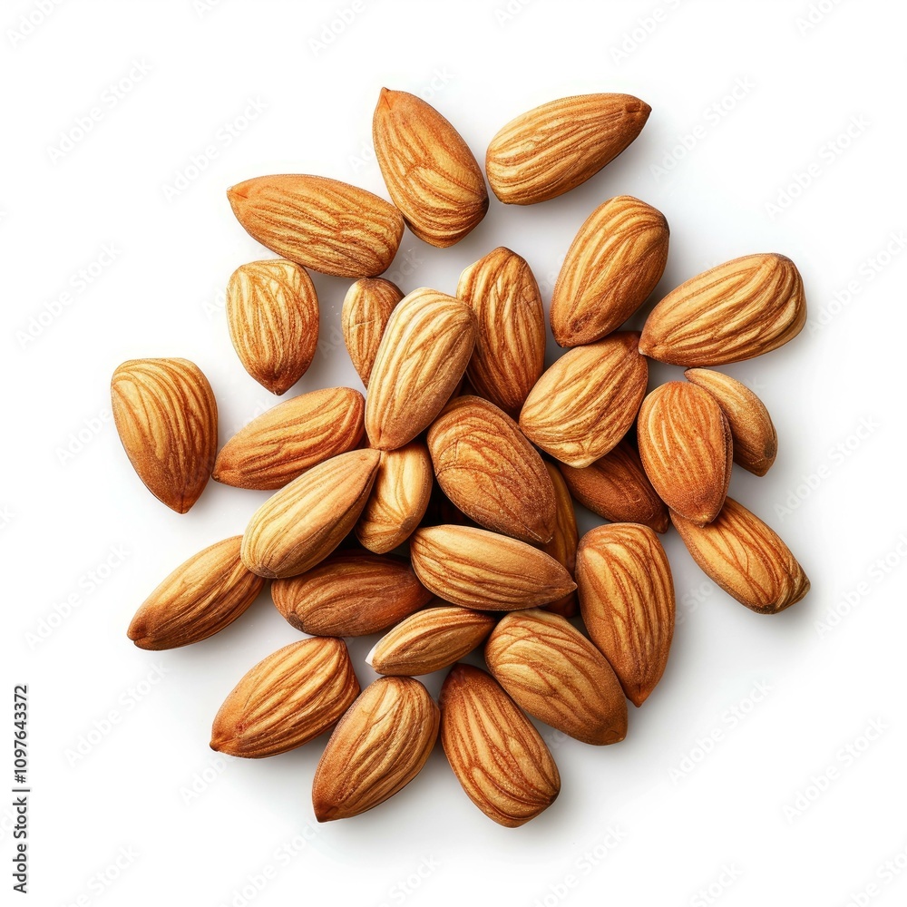 Pile of shelled almonds forming an oval shape on white background Pile of shelled almonds forming an oval shape on white background