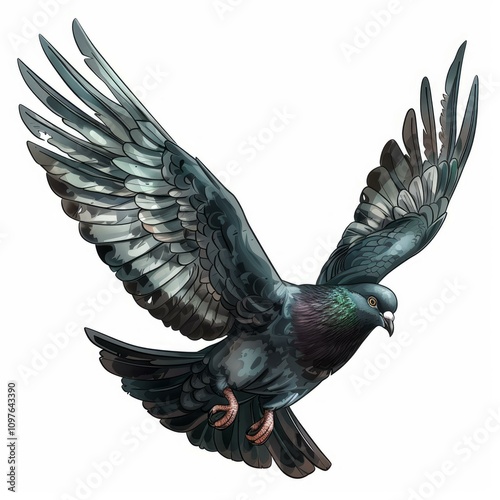 Rock dove flying with spread wings, realistic bird illustration photo