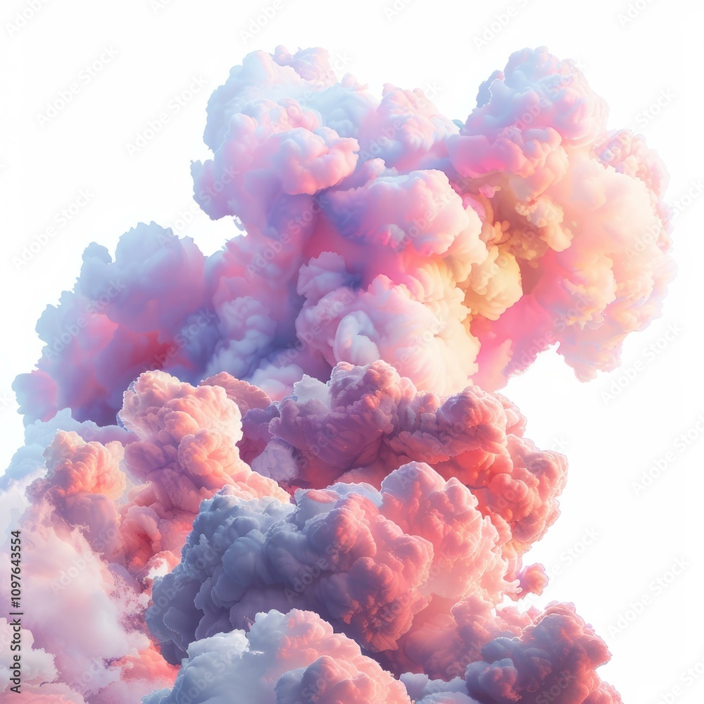 Fototapeta premium Pink and purple smoke cloud rising on white background