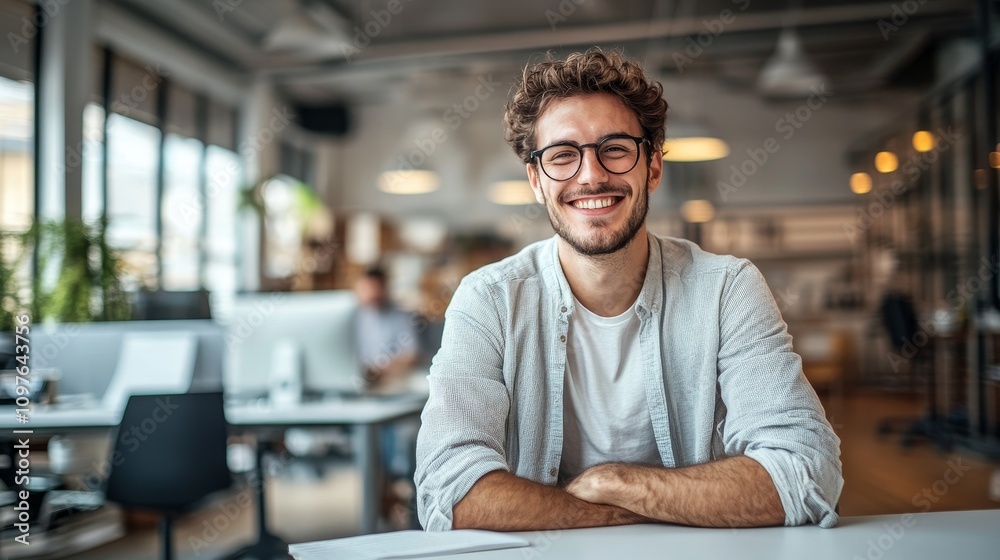 Obraz premium Businessman with a friendly smile seated in a modern office environment emphasizing professionalism and approachability for effective networking