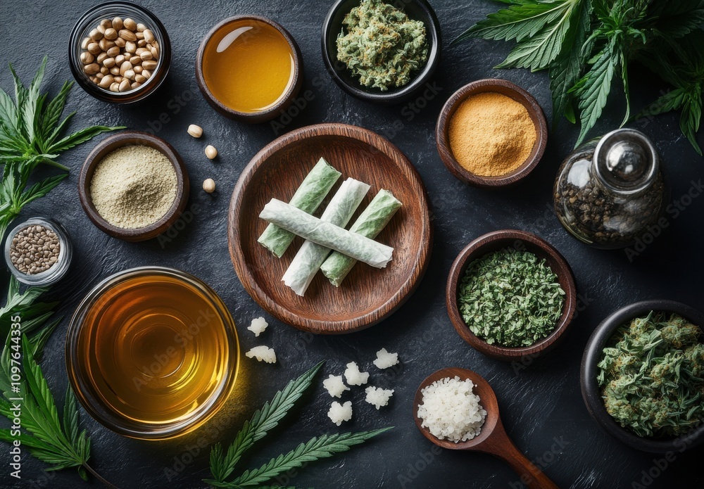 Collection of Natural Herbal Ingredients Displayed on Dark Background with Various Textures and Colors for Culinary and Wellness Applications Collection of Natural Herbal Ingredients Displayed on Dark Background with Various Textures and Colors for Culinary and Wellness Applications