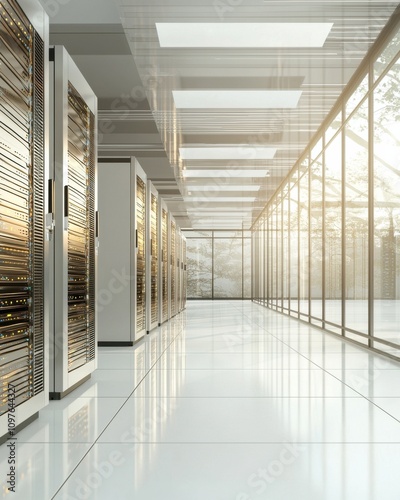 A modern data center corridor with server racks lined up, illuminated by natural light from large windows, creating a sleek and efficient tech environment.